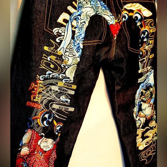 EVISU God of Thunder Embroidery Brocade Selvedge Daicock Denim Jeans New w Bag - Picture 1 of 16